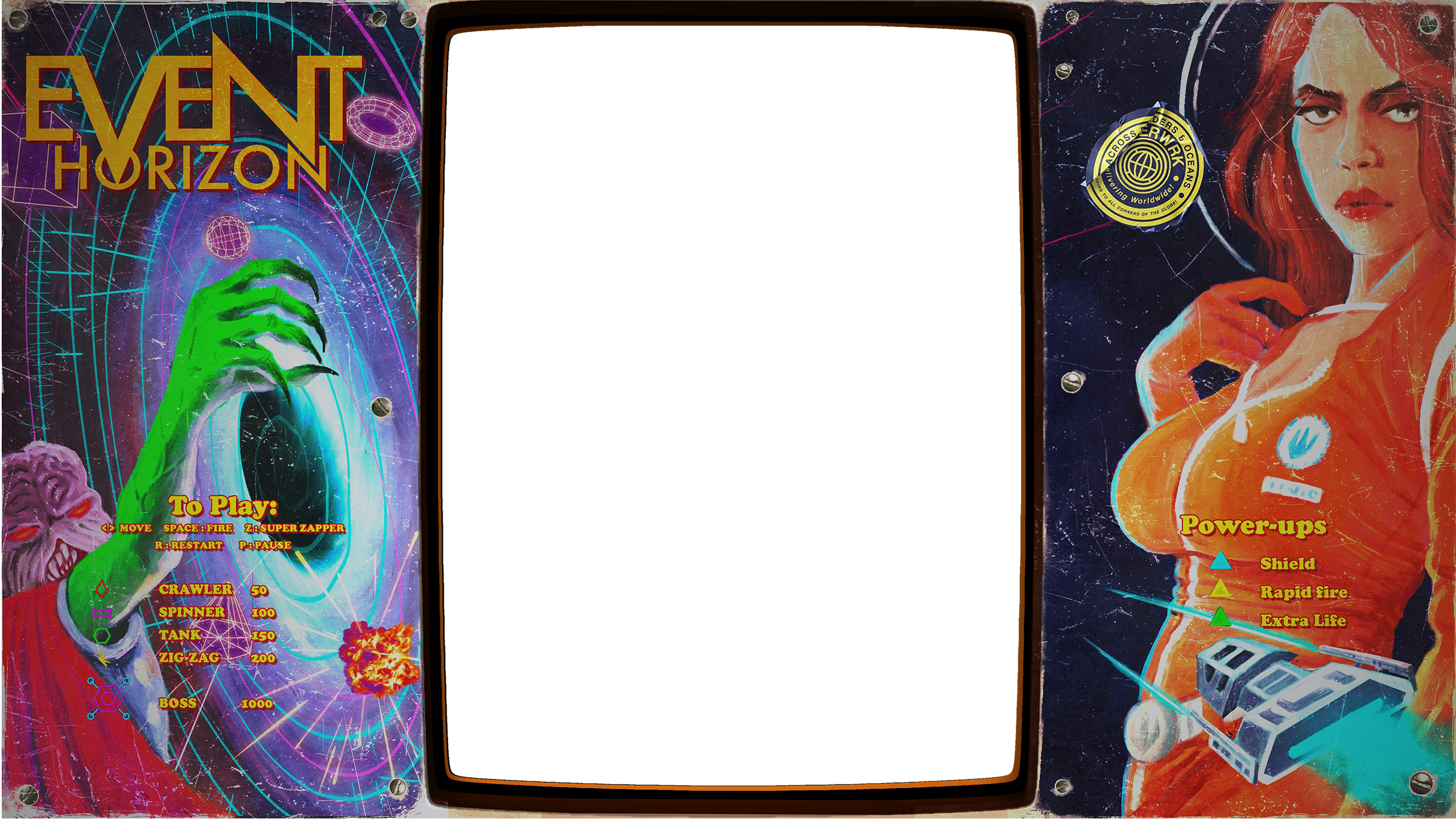 Arcade decal showing a black hole on the left and a female space pilot on the right